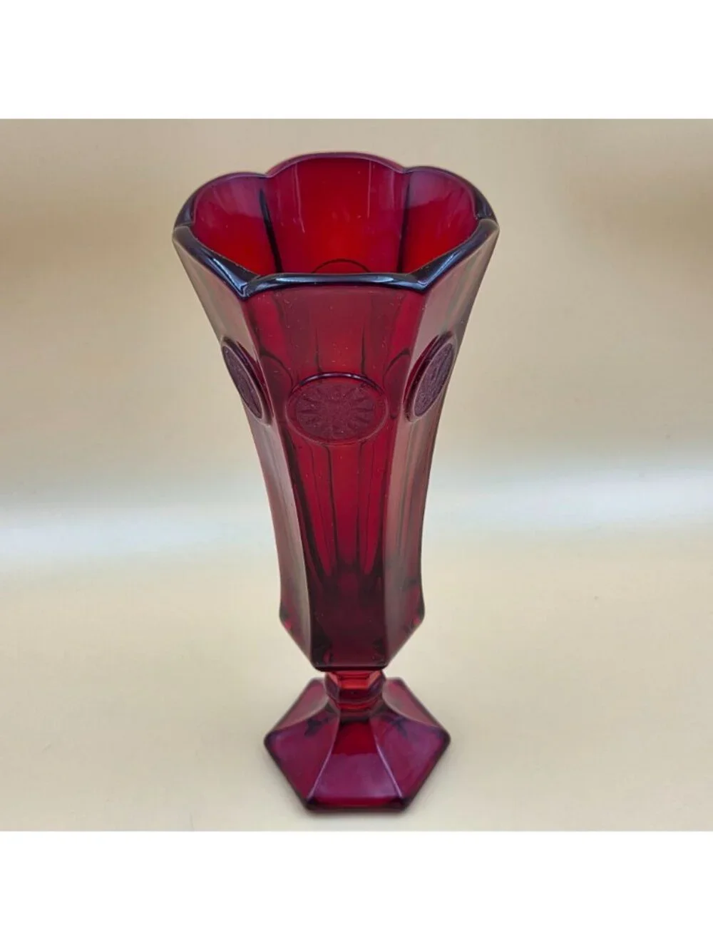 Fostoria Coin Glass Ruby Bud Vase Vintage Pedestal Red Glass